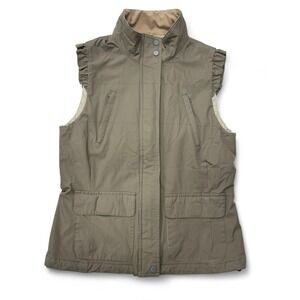 Ailin Women Olive Green Quilted‎ Ruffle Vest Medium Full Zip Canada Made Nylon